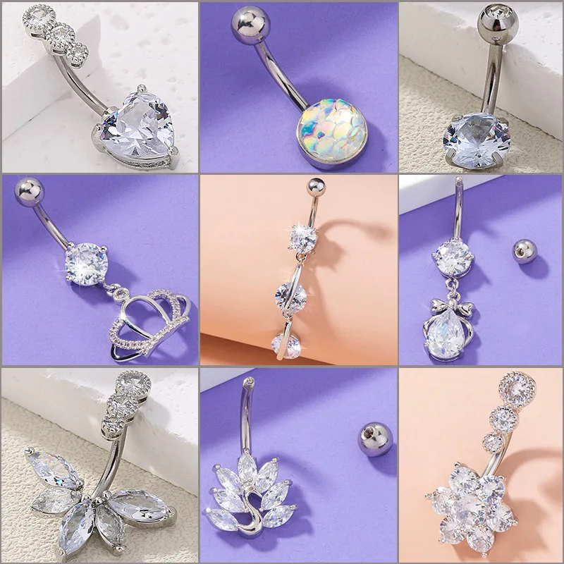

2022 New Piercing Jewelry European and American Fashion Pattern Shape Belly Ring Navel Stud Full Inlaid Zircon Jewelry