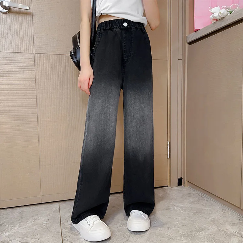 

Черные свободные джинсовые штаны для девочек-подростков; Весенние прямые мешковатые брюки с градиентом; Эластичные зимние детские вельветовые Теплые джинсы с широкими штанинами
