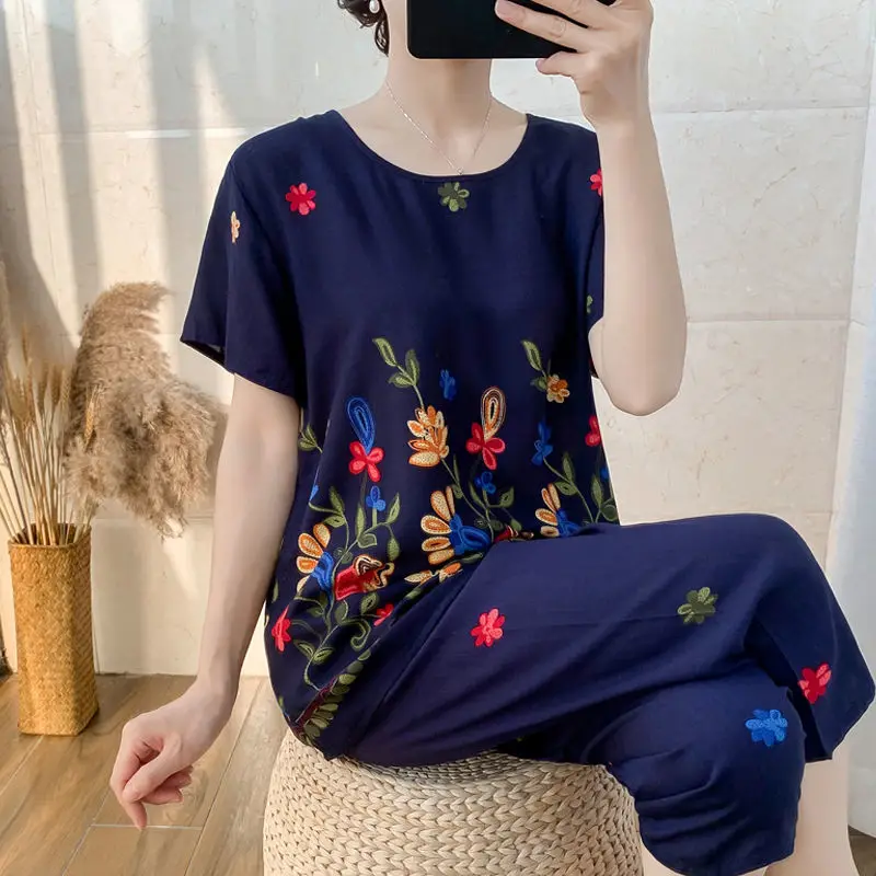 

Summer Women Short Sleeve Top and Wide Leg Pants Suits Cotton Linen Casual Two Piece Set Womens Outfits 5XL E103
