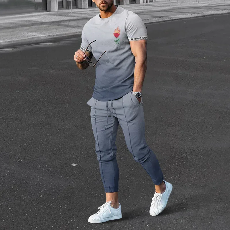 Summer New Men's Tshirt Trousers Two-Piece Set Male 3D Printed Striped Suit Fashion Streetwear Outfits Casual Clothing Oversized