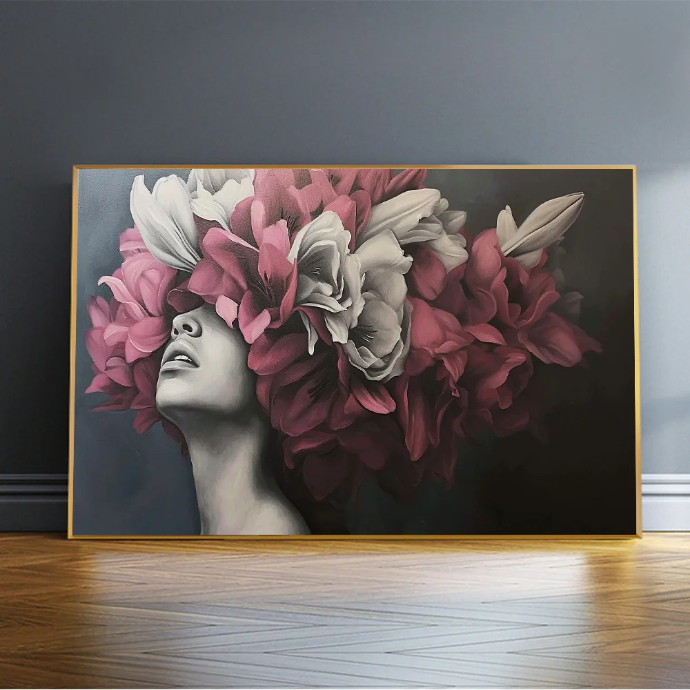 Femme abstraite avec des fleurs sur cheveux dessin toile peinture impression affiche image pour salon décor à la m
