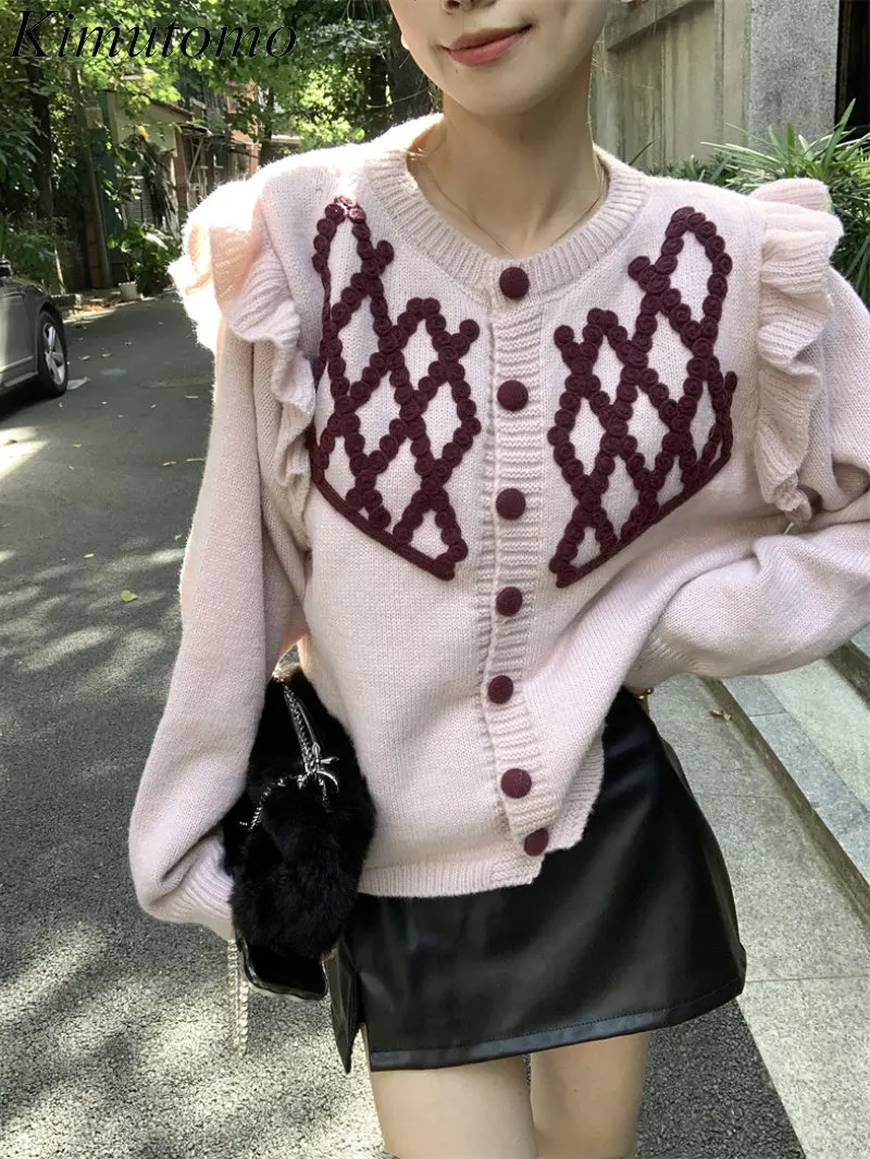 

Kimutomo Sweet Loose Fungus Stitching Sweater Woman Gentle O-neck Single Breast Long Sleeves Versatile Knit Cardigan Ins Tide