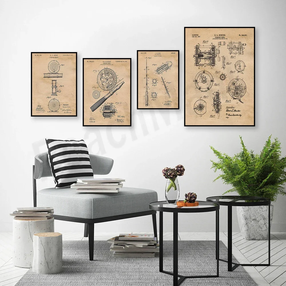 Патентный принт на рыболовную катушку в стиле ретро настенный художественный