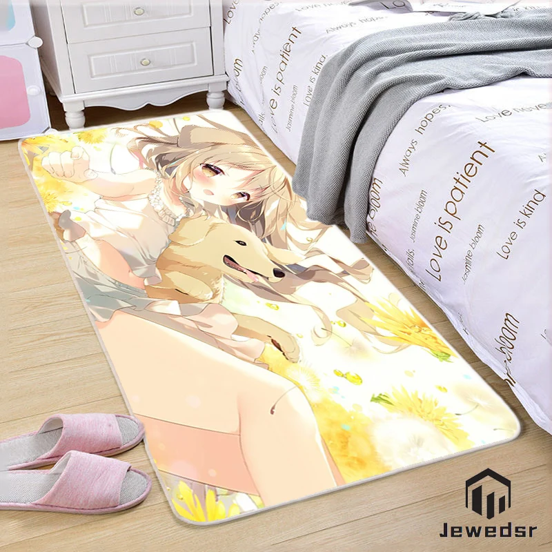 

Cute girl and her pet dog bedroom floor mat kitchen bathroom hallway living room door inside and outside entrance non-slip mat