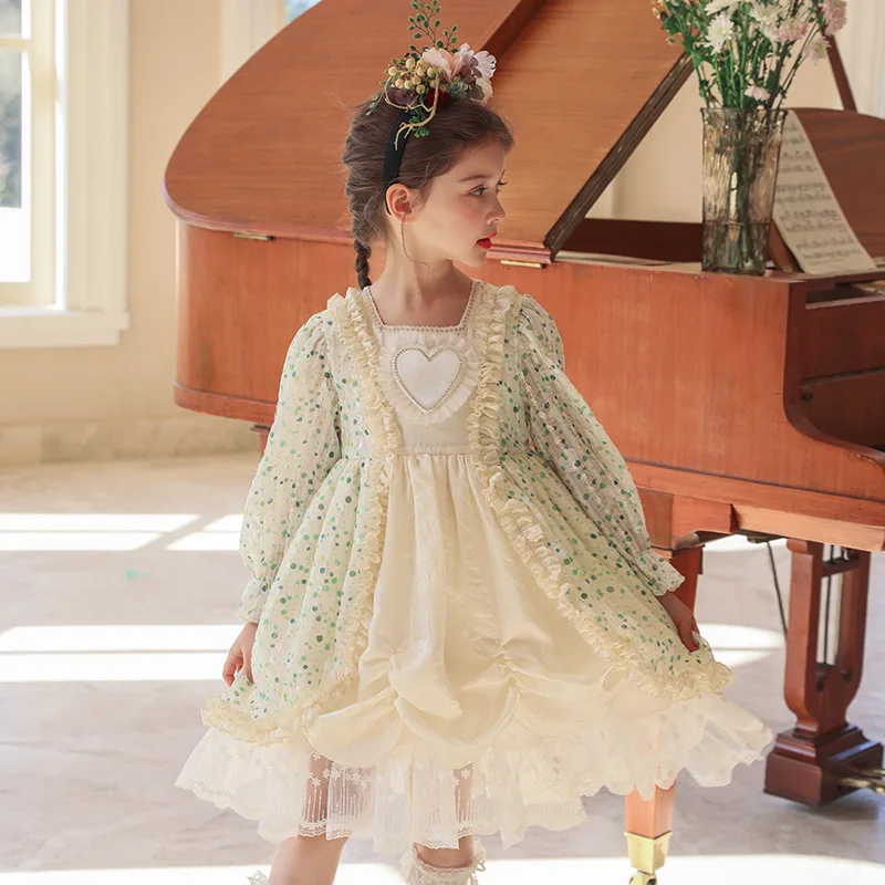 

Baby Clothes Spain Retro Lolita Dresses Girls Princess Ball Gown Lace Heart Panel Polka Dot Birthday Party Easter Eid Pink Skirt