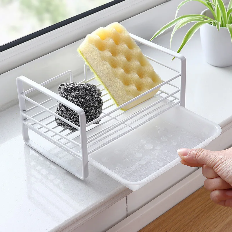 

1pc Kitchen Organizer Sink Rack Space Aluminum Sponge Holder Towel Rack Soap Brush Holder with Drain Pan Kitchen Drying Rack New