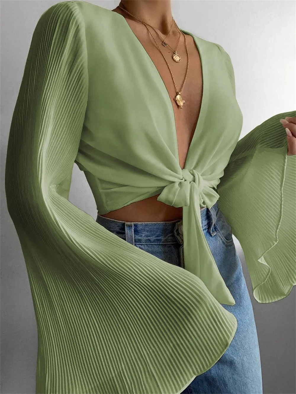 

2023 новый стиль плиссированная пикантная шифоновая рубашка плиссированная Солнцезащитная рубашка с рукавами-фонариками и V-образным вырезом