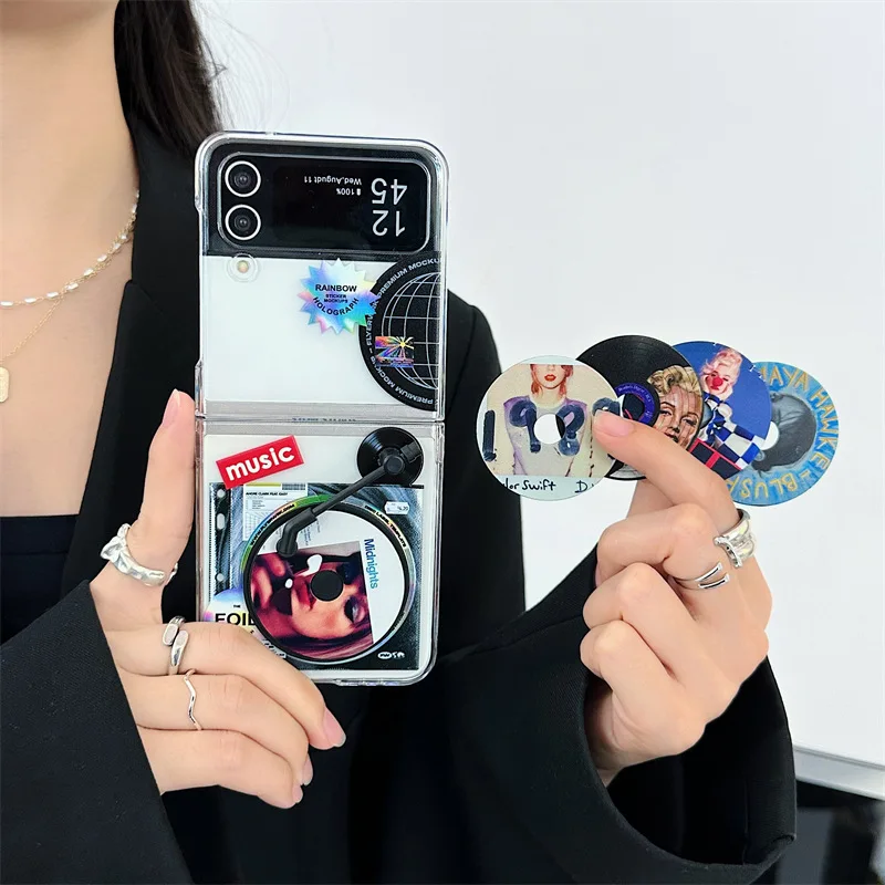 Retro Record Player Disc Phone Case for Samsung Galaxy Z Flip 5 4 3 Protective Back Cover for ZFlip3 ZFlip4 ZFlip5 Case Shell