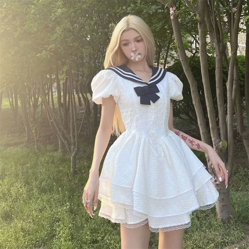 

Женское платье Лолита, пушистое короткое платье А-силуэта с высокой талией и матросским воротником, белое кружевное платье принцессы с бант...