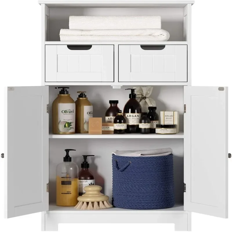 

Lovely White Wood Floor Storage Cabinet with Doors and Drawers, Adjustable Shelf, Kitchen Cupboard, Free Standing Organizer for