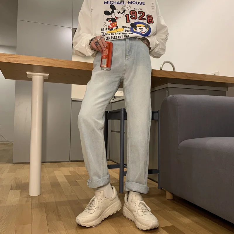 Streetwear Men 2022 New Port Breeze Vintage Jeans Loose Recreational Straight Cylinder Blue Temperament Trousers Autumn Female