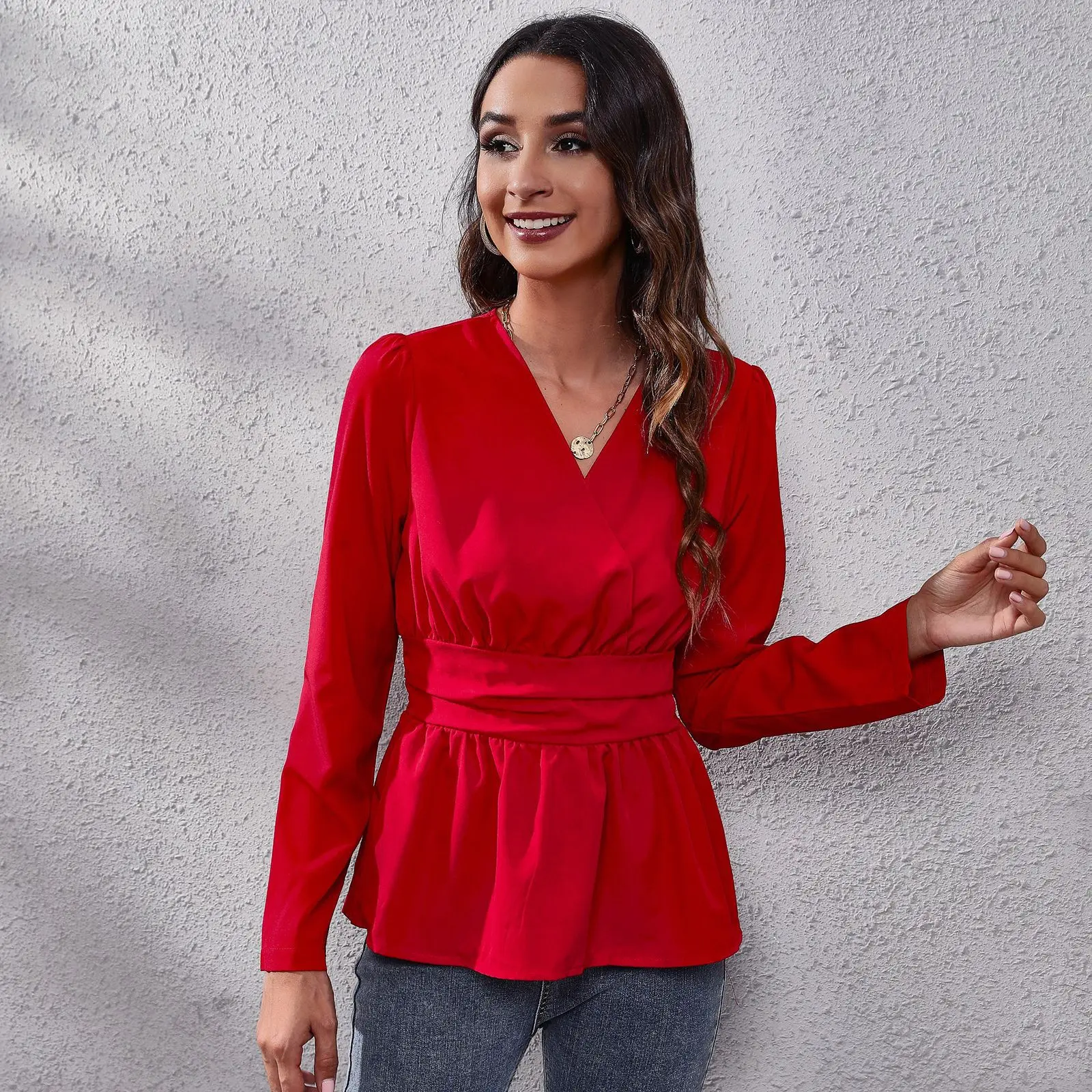 

V neck puff sleeve women's top long sleeve maternity t shirt White