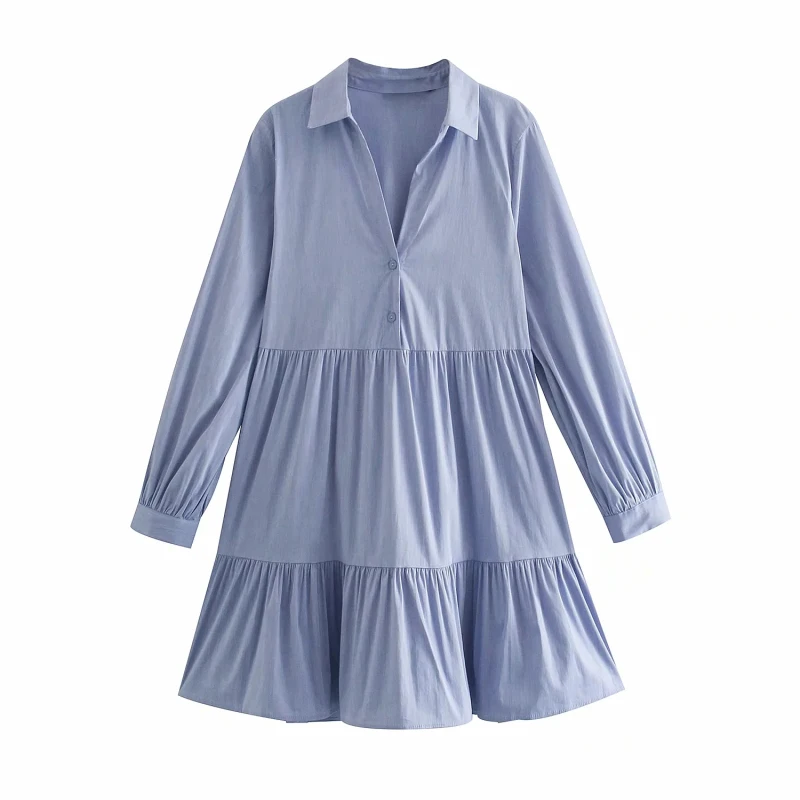 

Vintage Elegant Button Pleated Mini Dress za Women 2021 Fashion Turn-down Collar Long Sleeve Dresses Female Chic Vestidos blue