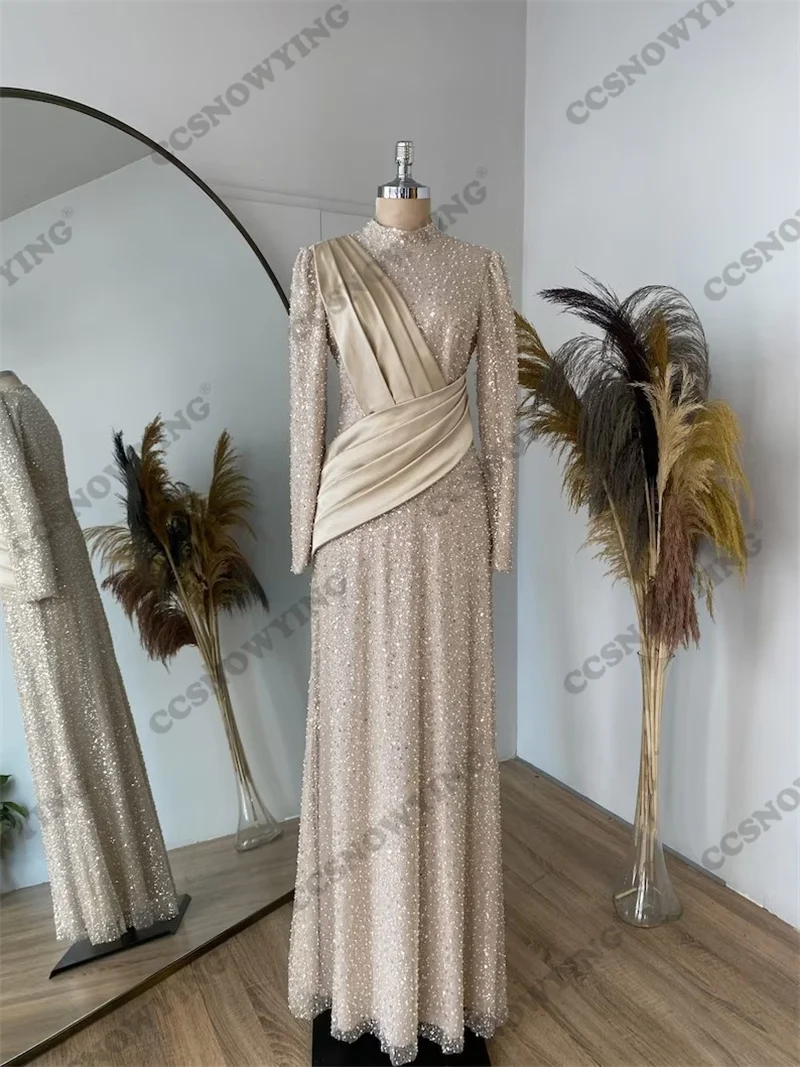 

Блестящие мусульманские Вечерние платья с блестками, многоярусные тюлевые вечерние платья с длинным рукавом в исламском стиле, женские вечерние платья с высоким воротником