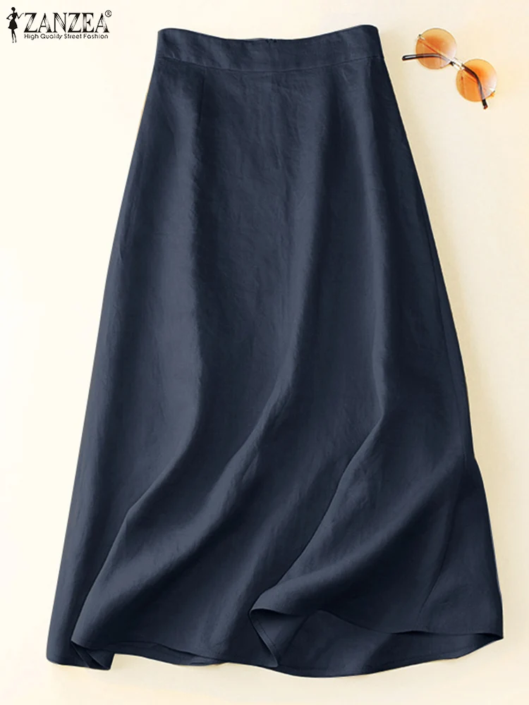 

Vintage Women Solid Mid-calf Skirt 2023 ZANZEA Summer Elegant Ladies High Waist A-line Skirts Cotton Faldas Saia Party Jupe