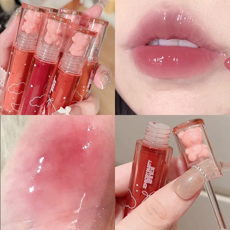 Crystal-frozen Glossy Lip Glaze Cute Pink Bear Lip Gloss Glossy Mirror White Nude Lipstick Doodle Lip Makeup Korean Makeup