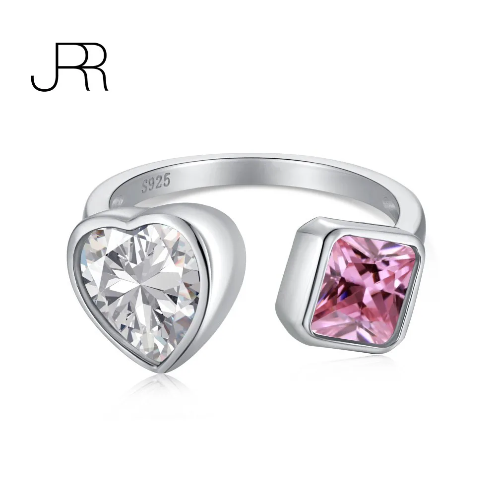 

JRR Original Design 100% 925 Sterling Silver 2 Stone Crushed Heart Cut Created Moissanite Gemstone Wedding Engagement Open Ring