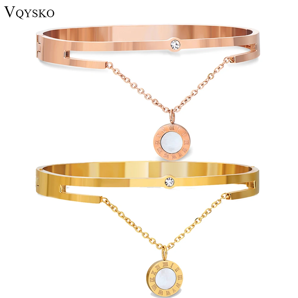 

Crystal Rose/Gold-Color Stainless Steel Lucky Bracelet & Bangle Roman Numeral Charm Chain Bracelet For Women