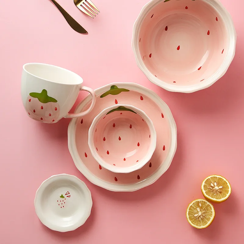 

Strawberry Bowl Cute Girl Heart Rice Bowl Creative Personality Household Noodle Soup Bowl Dishes Tableware Dinnerware Set