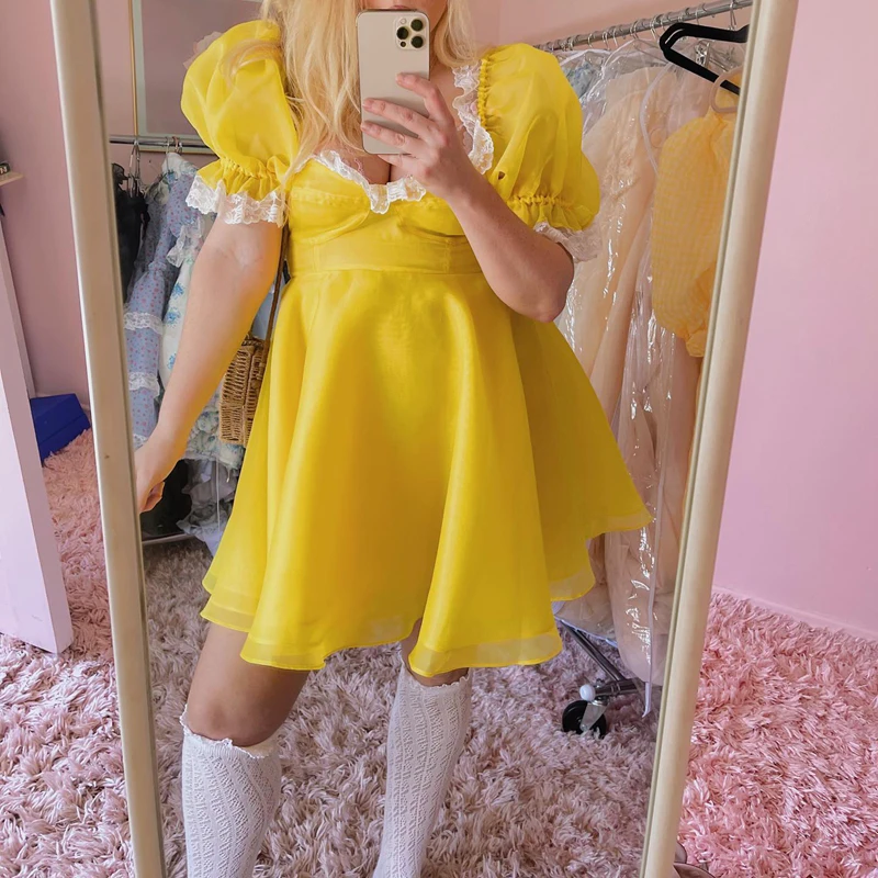 

Vintage Mesh Organza Puff Sleeve Mini Dress Chic Women Princess White Lace Trim A-line Dress Birthday Club Party Evening Night
