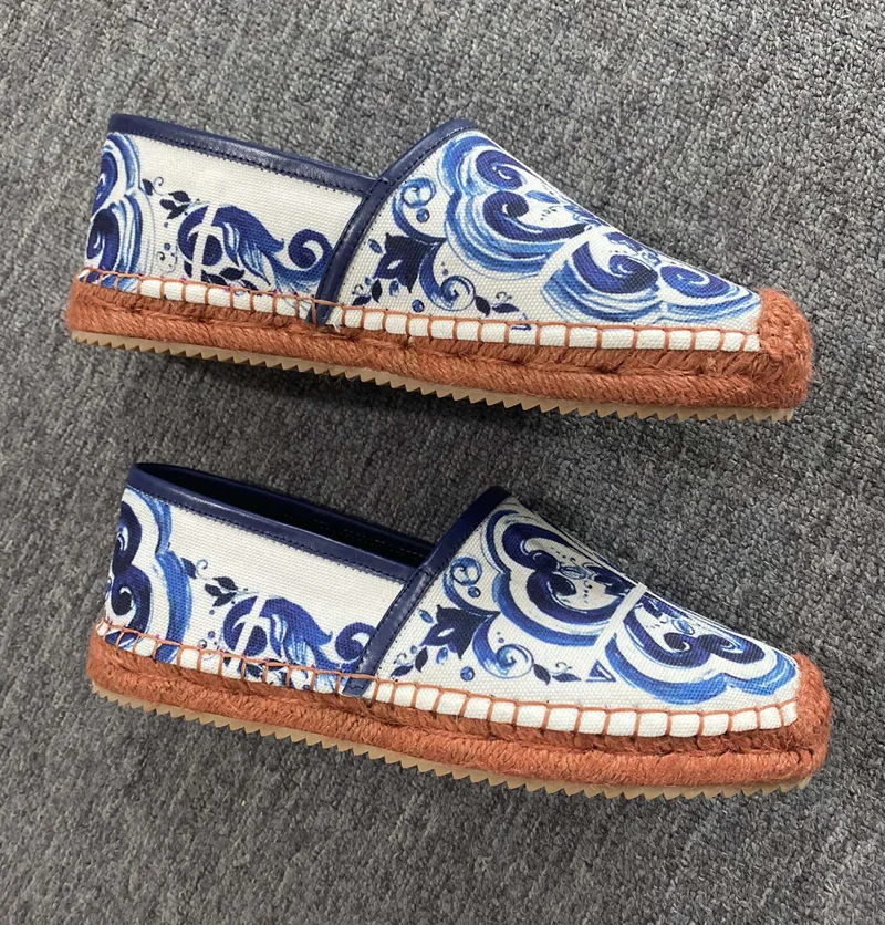 Newest Blue and White Porcelain Cloth Fishman Flats Shoes Rope Braided Thick Sole Woman Comfortable Slip On Loafer Shoes