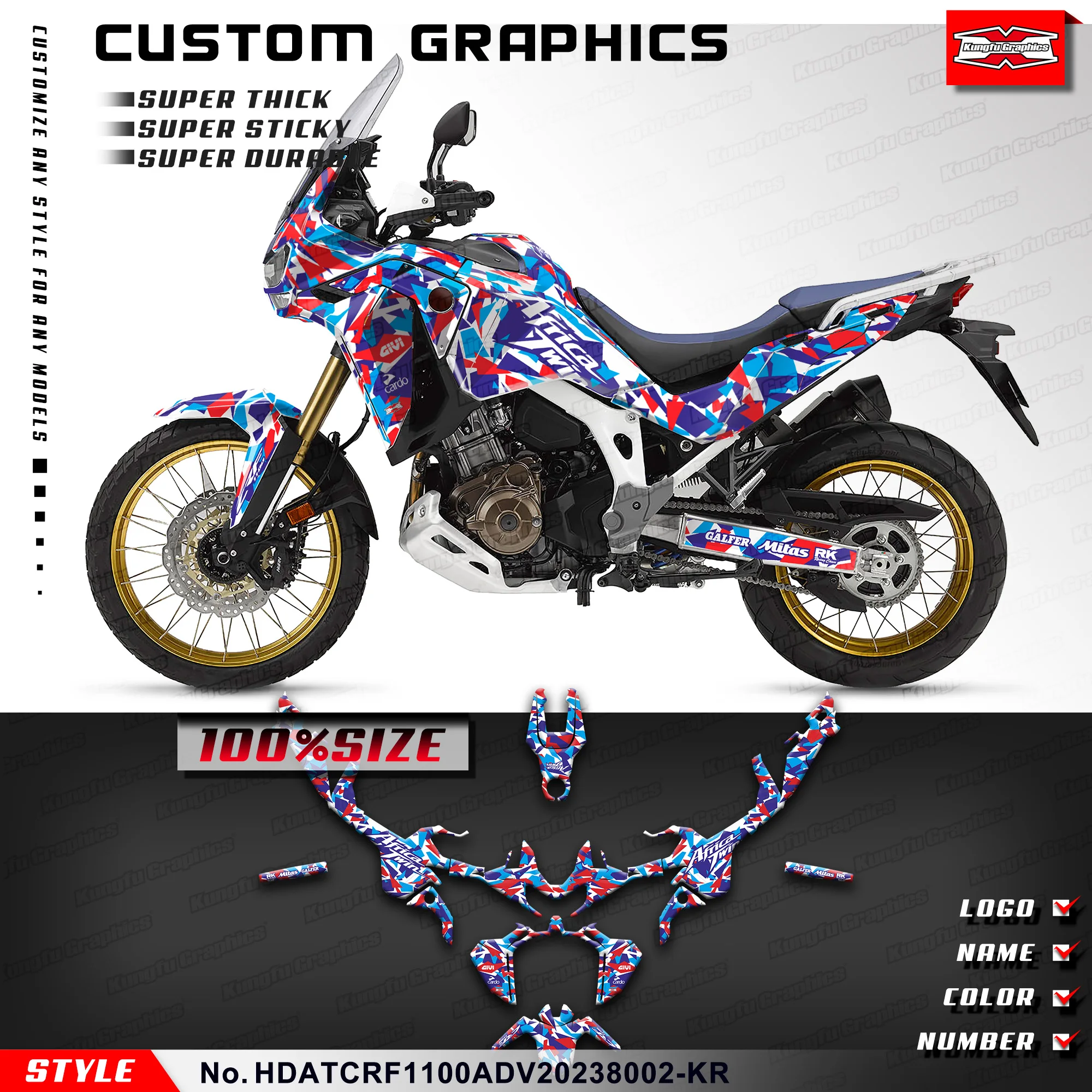 Фото Виниловые наклейки KUNGFU GRAPHICS для Honda Africa Twin CRF1100L Adventure ADV 2020 2021 2022 2023, HDATCRF1100ADV2023002-KR №1