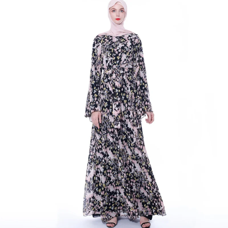 Платье-абайя женское ТРАПЕЦИЕВИДНОЕ с расклешенными рукавами, Модный кафтан в мусульманском стиле, повседневное цветочное Макси-платье дл...
