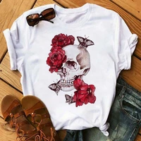 new women t shirt skull with sunflower printed t shirt harajuku short sleeve graphic tshirt round neck tee shirt femme shirt top