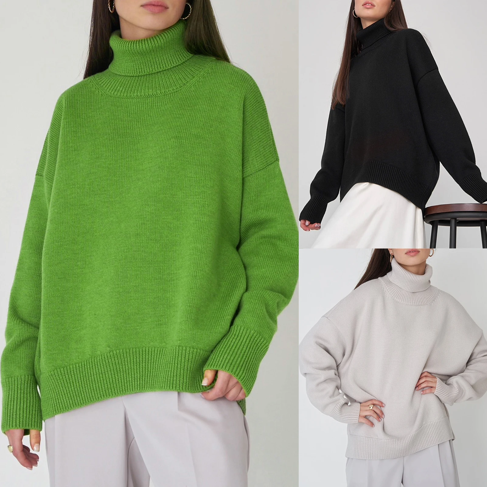 

Women Classic Thick Jumpers Lazy Wind Knitted Loose Pullover Long Sleeve Top Turtleneck Sweater Top Oversized Sweaters Pullovers