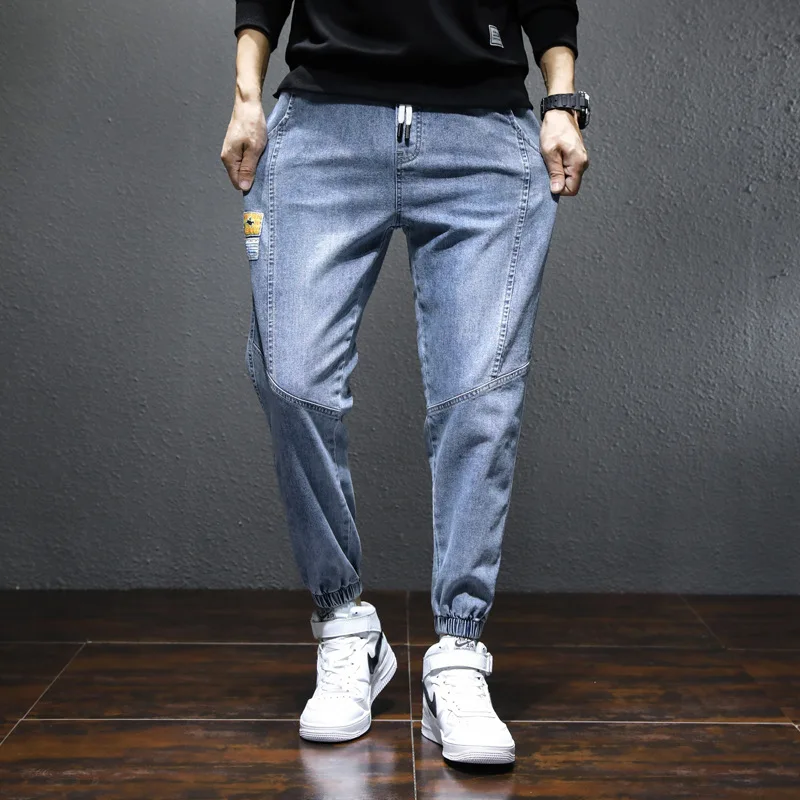 Men Jeans Streetwear Vintage Jeans Summer Solid Pocket Men Loose Denim Harem Pants Korean Lace-up Mid-Waist Elastic Pencil Jeans