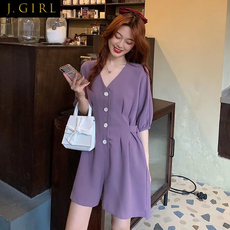 

Rompers Women Purple Design Folds Defined Waist V-neck Elegant Fashion Solid Streetwear Casual Wide-leg Playsuits Female Ulzzang