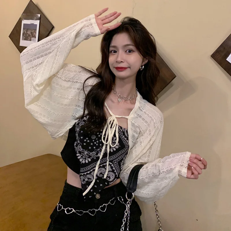 

Топ женский составного кроя с длинным рукавом, белый ажурный комплект из двух предметов, Винтажная футболка в Корейском стиле, майка в стиле...