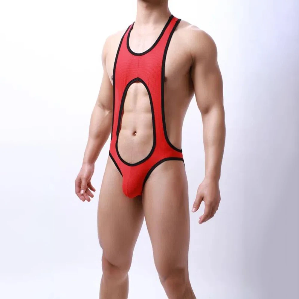 Sexy Bodysuit Men Jockstrap Boxer Hollow Leotard Underwear Blackless Penis Pouch Wrestling Singlet Bodysuits Summer Sportswear