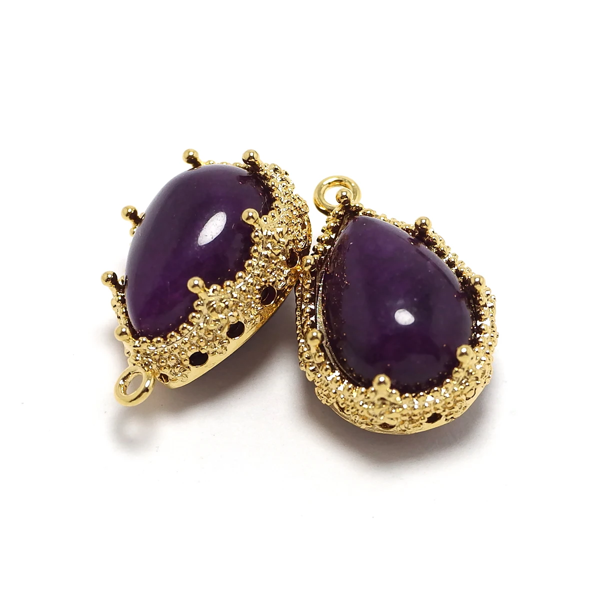 

Crown Pendant,24K Gold Color Plated Brass,Two Sided Jade Stone Teardrop,Purple Gemstone Charms,Necklace Making Accessories