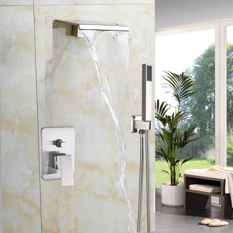 

Brushed Nickel Waterfall Shower Faucet Set Wall Mounted Bathroom Mixer Tap Bathroom Shower Set with Handshower