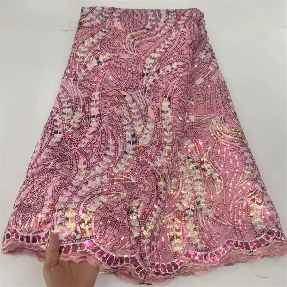 

Новинка 2023, розовая африканская кружевная ткань с блестками, французская сетчатая кружевная ткань с блестками для вечернего платья