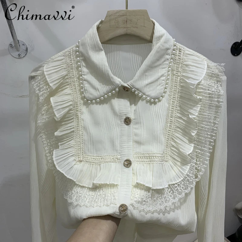 

Heavy Pearl Lapel Beige French Lace Shirt 2022 Spring Clothes New Fashion Chic Loose Thin Elegant Blouse for Women Tops