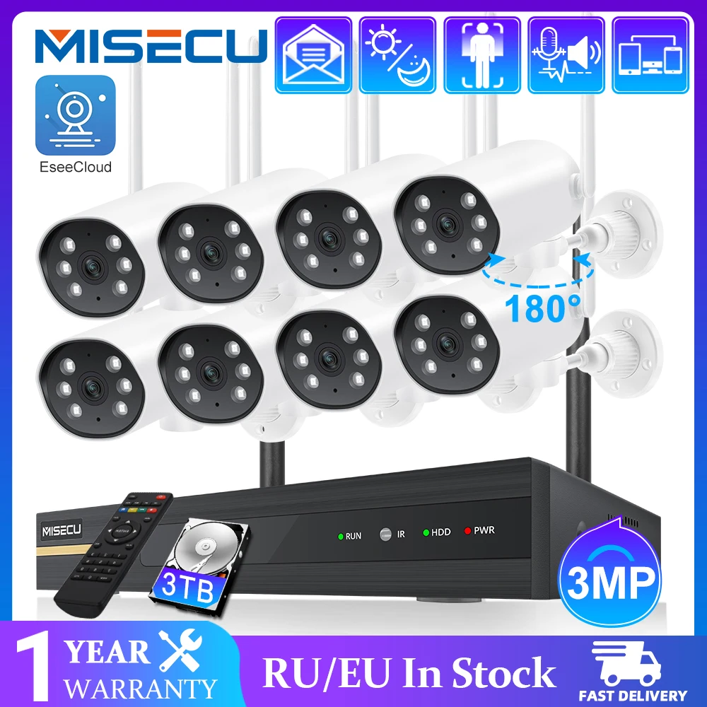 MISECU 8CH NVR 3MP Wireless Camera System Two Audio Outdoor Rotating Wifi Camera Waterproof P2P Security Video Surveillance Kit