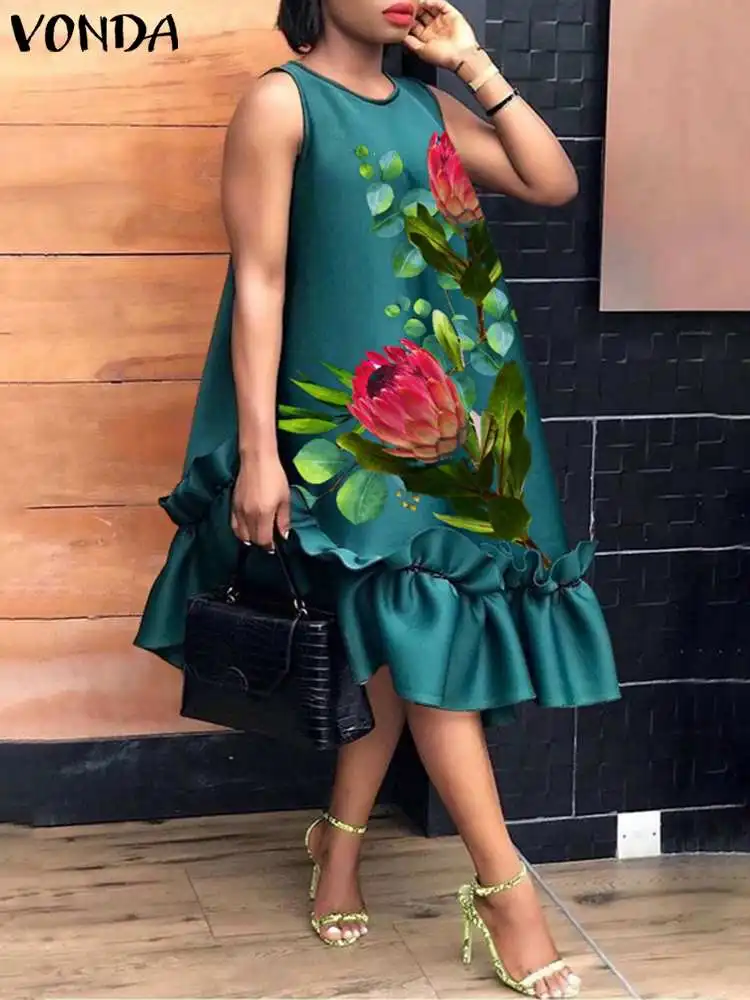 

VONDA Elegant Women Sleeveless Sundress Polyester Party Vestido Ruffled Midi Dresses Female Summer Floral Printed Robe Oversize