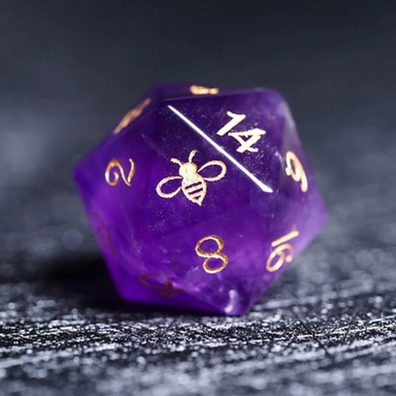 

Natural Gemstone D20 Dice Handmade Engraved Bee Logo DND Dice Crystal Beads RPG COC D&D Board Games Dice Birthday Gifts for her