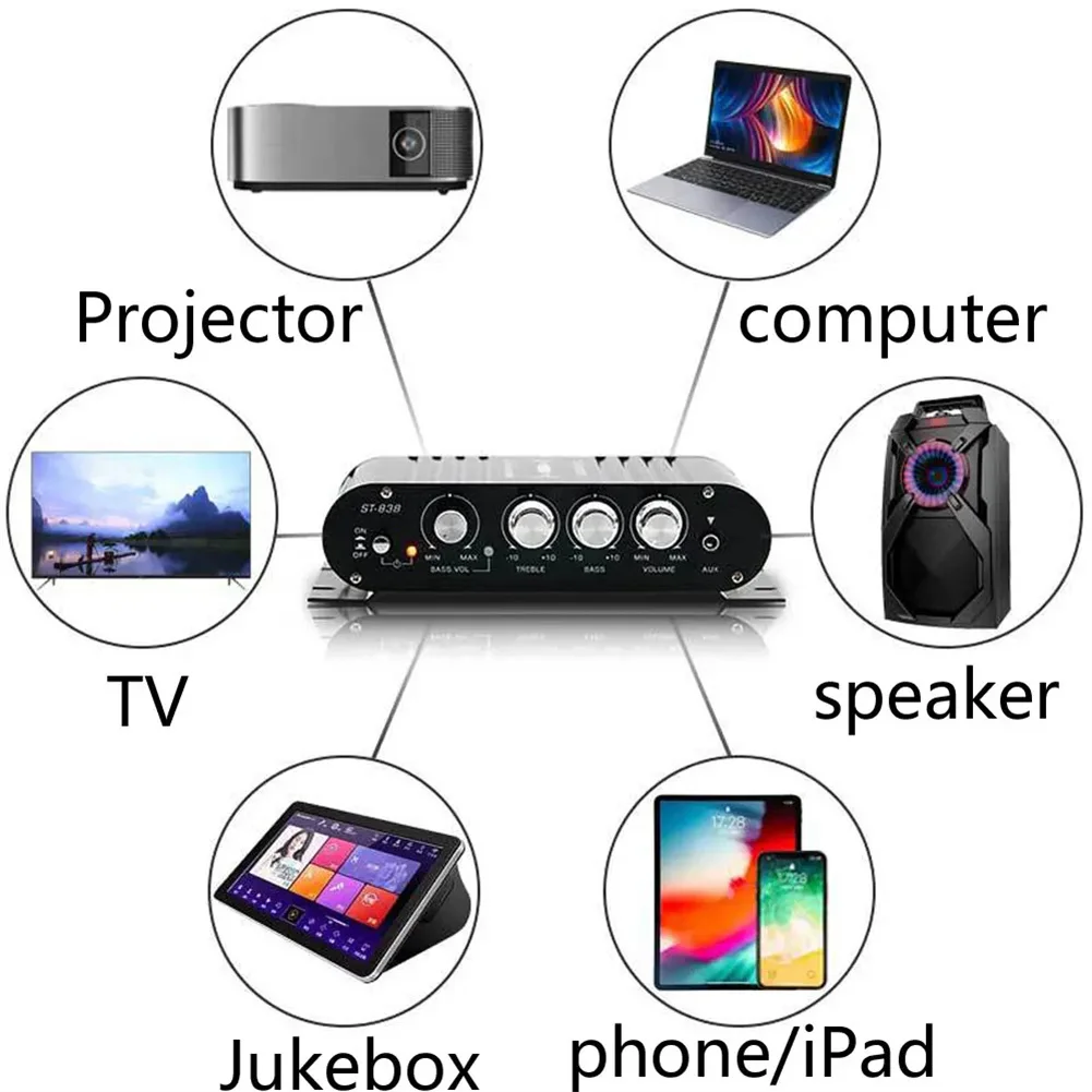 ST-838 2 1 канальный усилитель мощности 0 + стерео басов 20Wx2 40 Вт HiFi сабвуфера