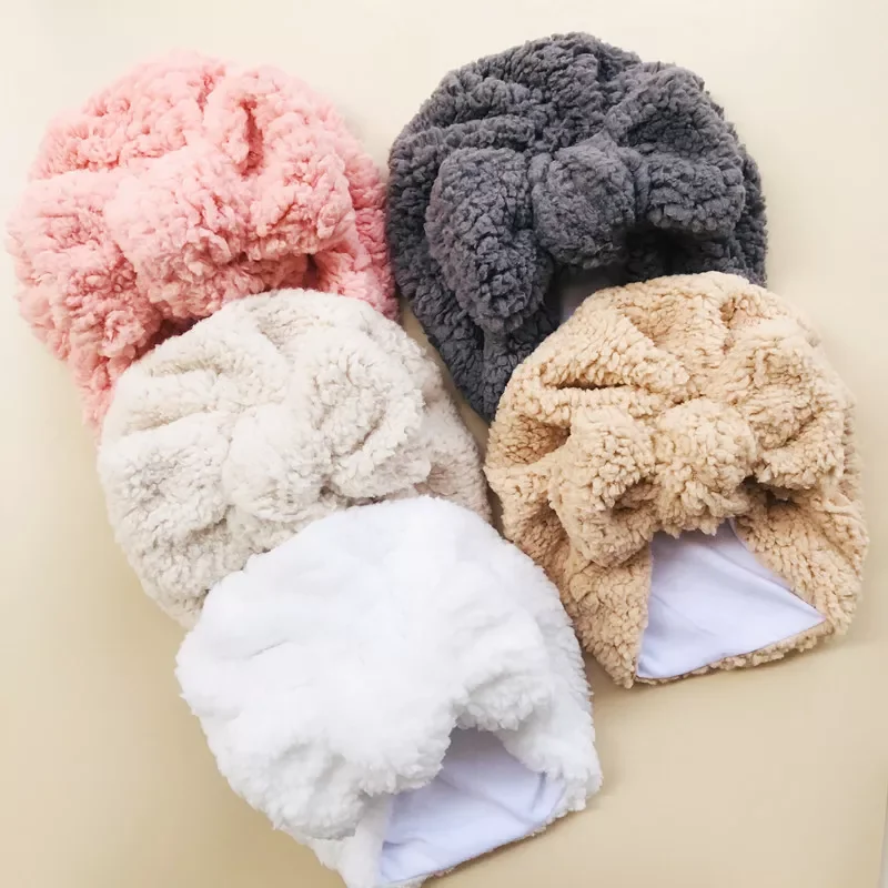 

Cute Newborn Baby Hats Knot Turban Teddy Fabric Thick Ear Warmer Infant Indian Hat for Boys Girls Soft Hat Beanies 2021 Winter