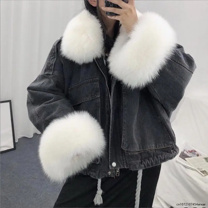 

Warm Parka Women Winter Crop Puffer Jacket Fur Inside Coat Female Jeans Jacket Ladies Denim Jackets Snow Overcoat 2023 new