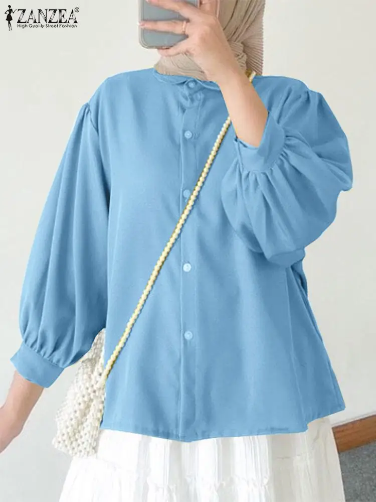

Мусульманский модный хиджаб ZANZEA, топы, Женская Осенняя блузка с длинным рукавом, рабочая рубашка на пуговицах, Повседневная Свободная рубашка, женская блузка