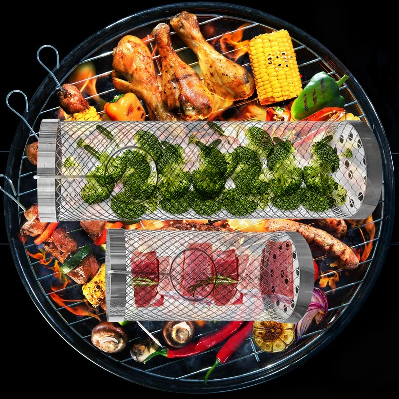 

1pc Grilling Basket Outdoor Bbq Vegetable Bucket Stainless Steel With Cover Rolling Barbecue Basket Family Camping Supplies
