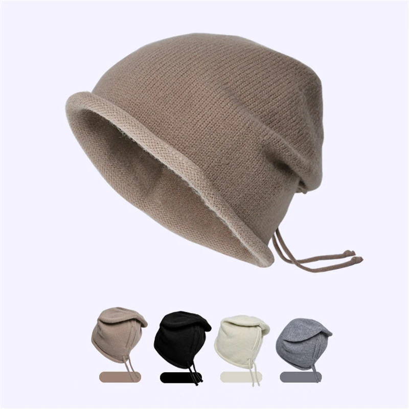 

Women's Autumn And Winter Thin Knitted Pile Hat Warm Pullover Hat Girls' Cold Hat Drawstring Big Round Moon Hat For Ladies
