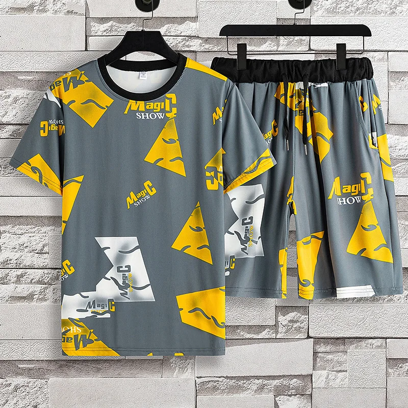 

Summer Youth Style Ice Silk Men's Sweat-shirt Set T-shirt+Shorts Two Pieces Men Sports Suits Printed Tracksuit Male MC-001