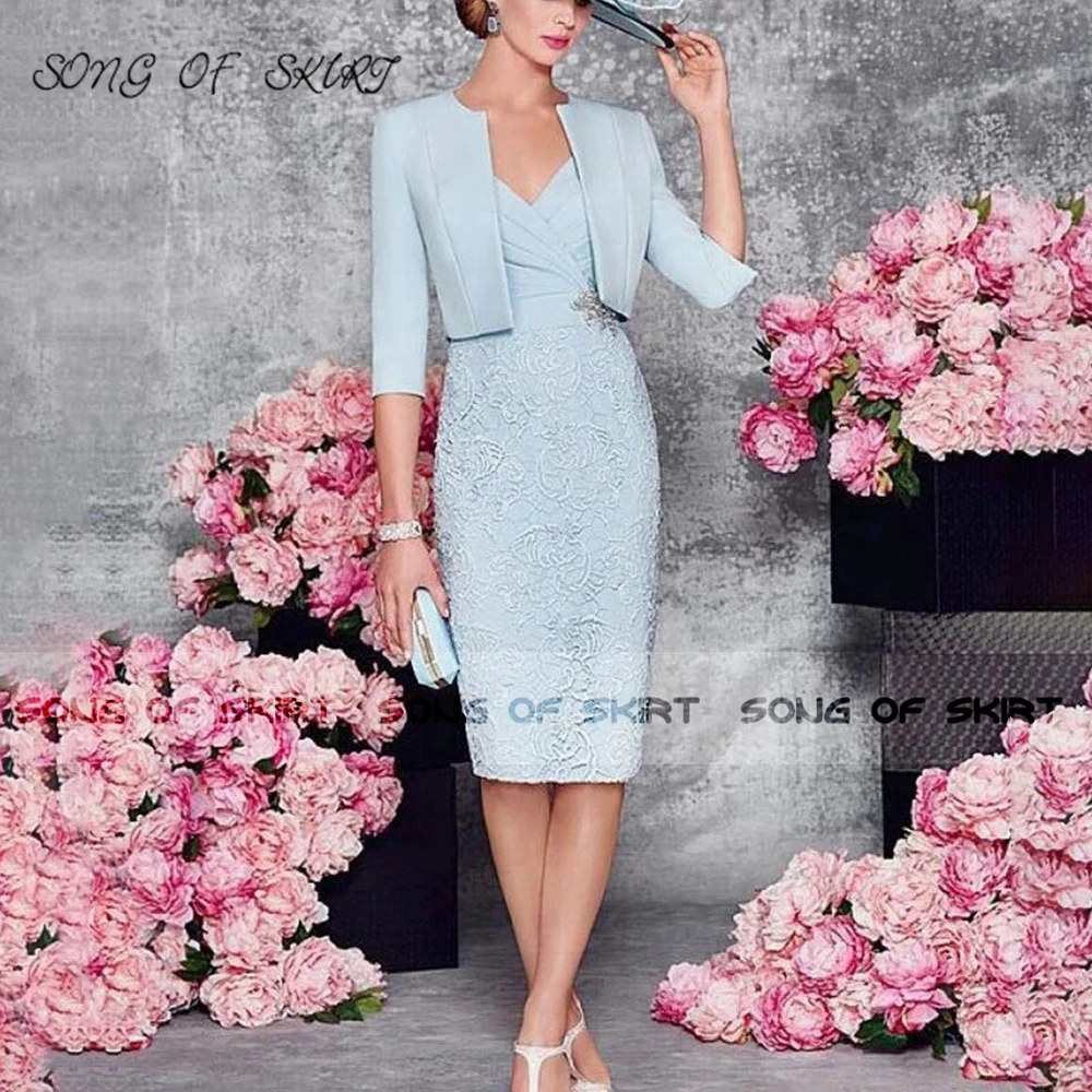 

Sky Blue Knee Length Mother Of Bride Dresses Elegant Lace Hip Wrap Mom Wedding Evening Formal Gown Robe De Soirée Femme