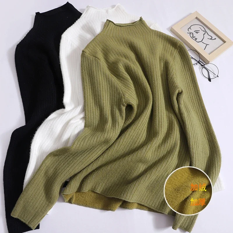

New Winter Turtleneck Sweater Slim-fit Solid Fleece-lined Knitted Sweater for Wome Long Sleeve Base Sweater for Women Autumn