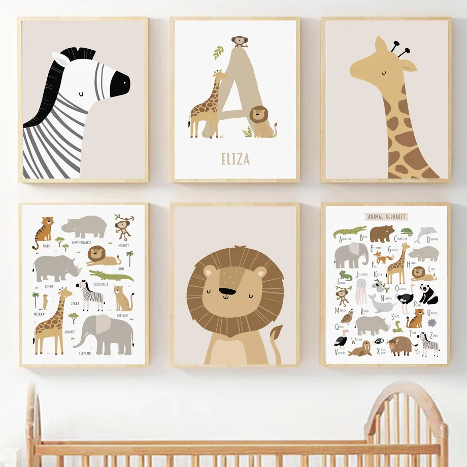 Настенная картина Зебра жираф Лев буквы животные алфавит Картина на холсте